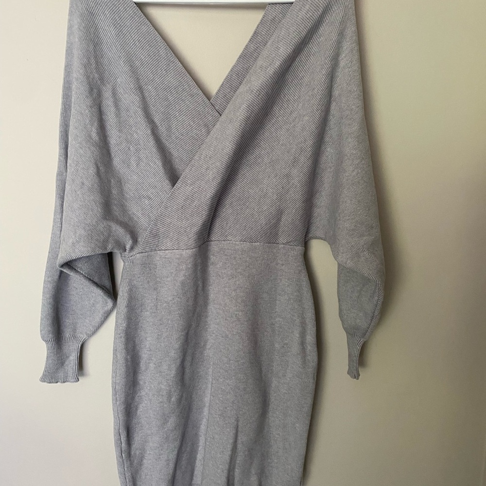 Gray Mini Dress with V-Neck and Dolman Sleeves